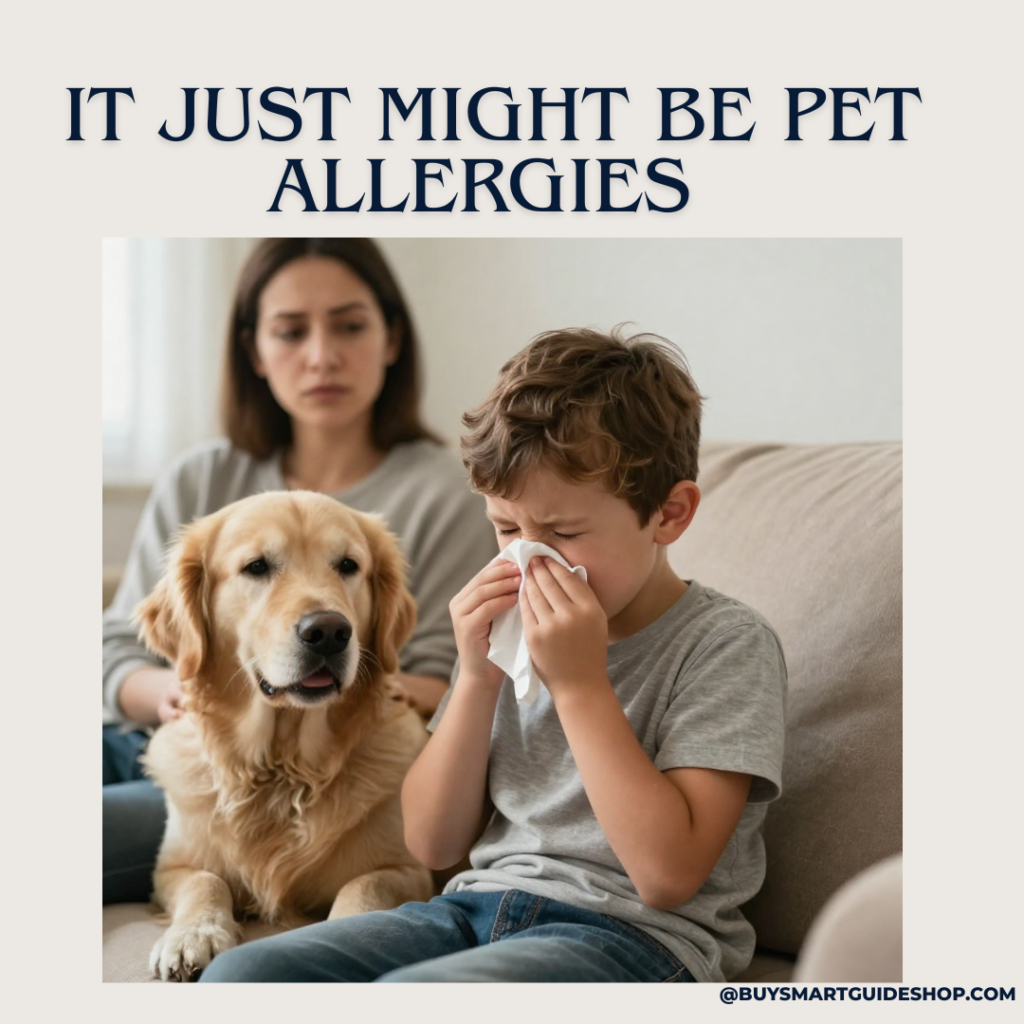 Young child experiencing pet allergy symptoms (sneezing, runny nose) while sitting with family golden retriever, showing health impact of pet dander and hair on children